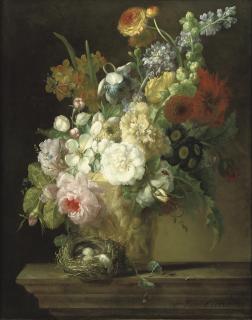 Willem Van Leen - Roses, chrysanthemums, anemonies and other flowers in a sculpted vase with a bird\'s nest on a stone ledge