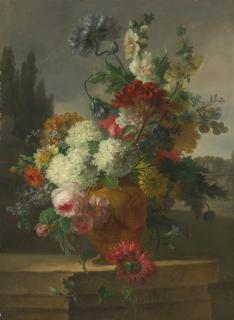 Willem Van Leen - Still Life Of Flowers In A Vase Resting On A Stone Ledge, A Landscape In The Background