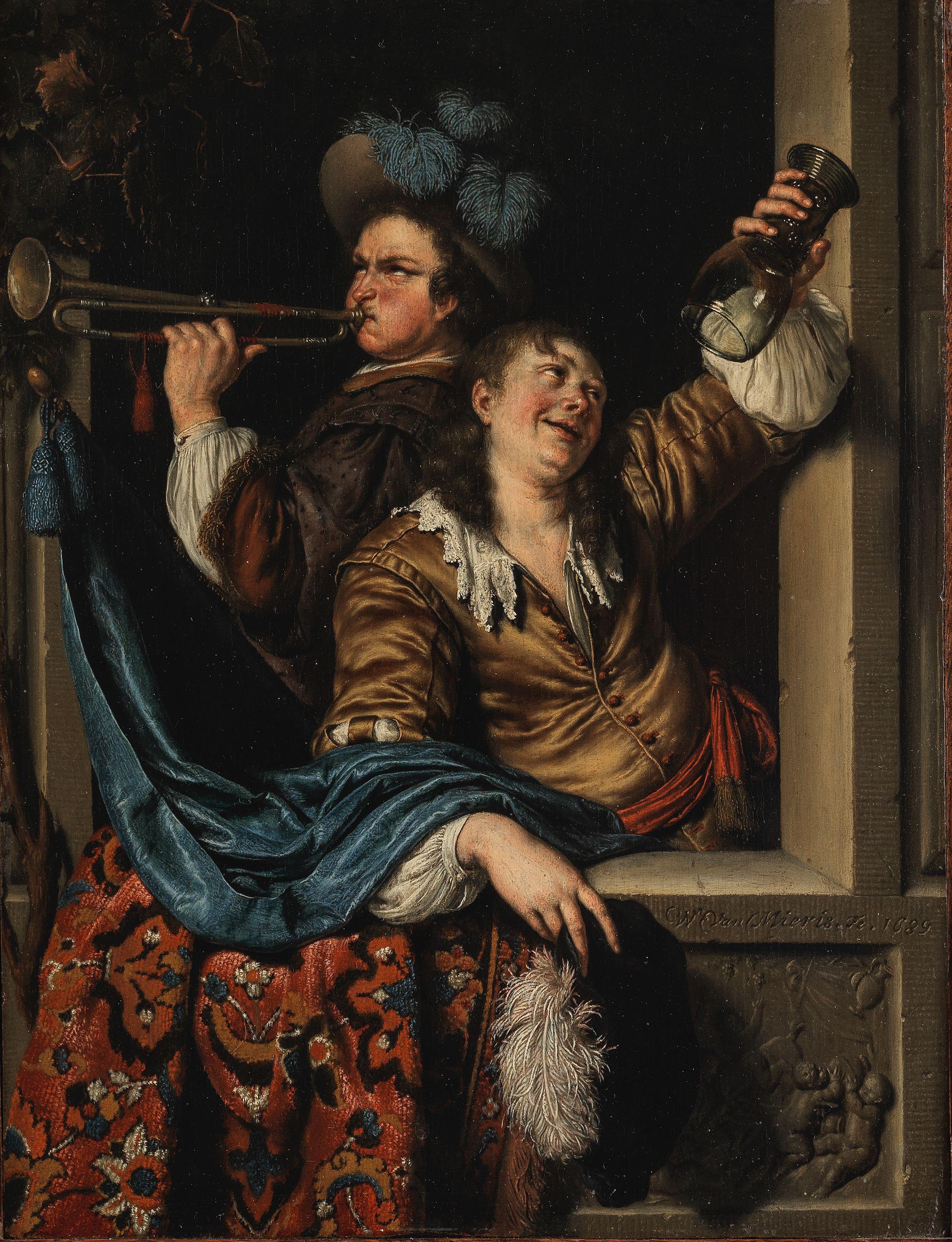 Willem Van Mieris the Elder - A trumpeter at a casement window with another figure holding an upturned wine glass