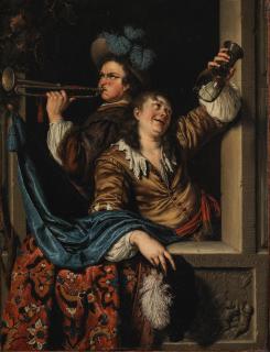 Willem Van Mieris the Elder - A trumpeter at a casement window with another figure holding an upturned wine glass