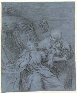 Willem Van Mieris - A bearded man holding bags of gold seducing a lady at her dressing table