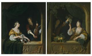 Willem van Mieris - A Poultry Seller; A Gentleman Offering A Lady A Bunch Of Grapes