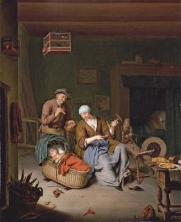 Willem van Mieris - A woman spinning yarn with a baby in a wicker basket and an old man smoking a pipe