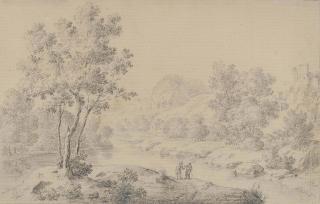 Willem van Mieris - A wooded landscape with two travellers on a river bank