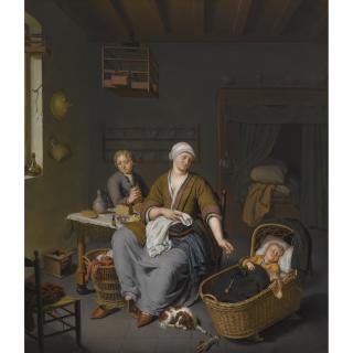 Willem Van Mieris - A Young Mother Tending To Her Two Children In A Domestic Interior