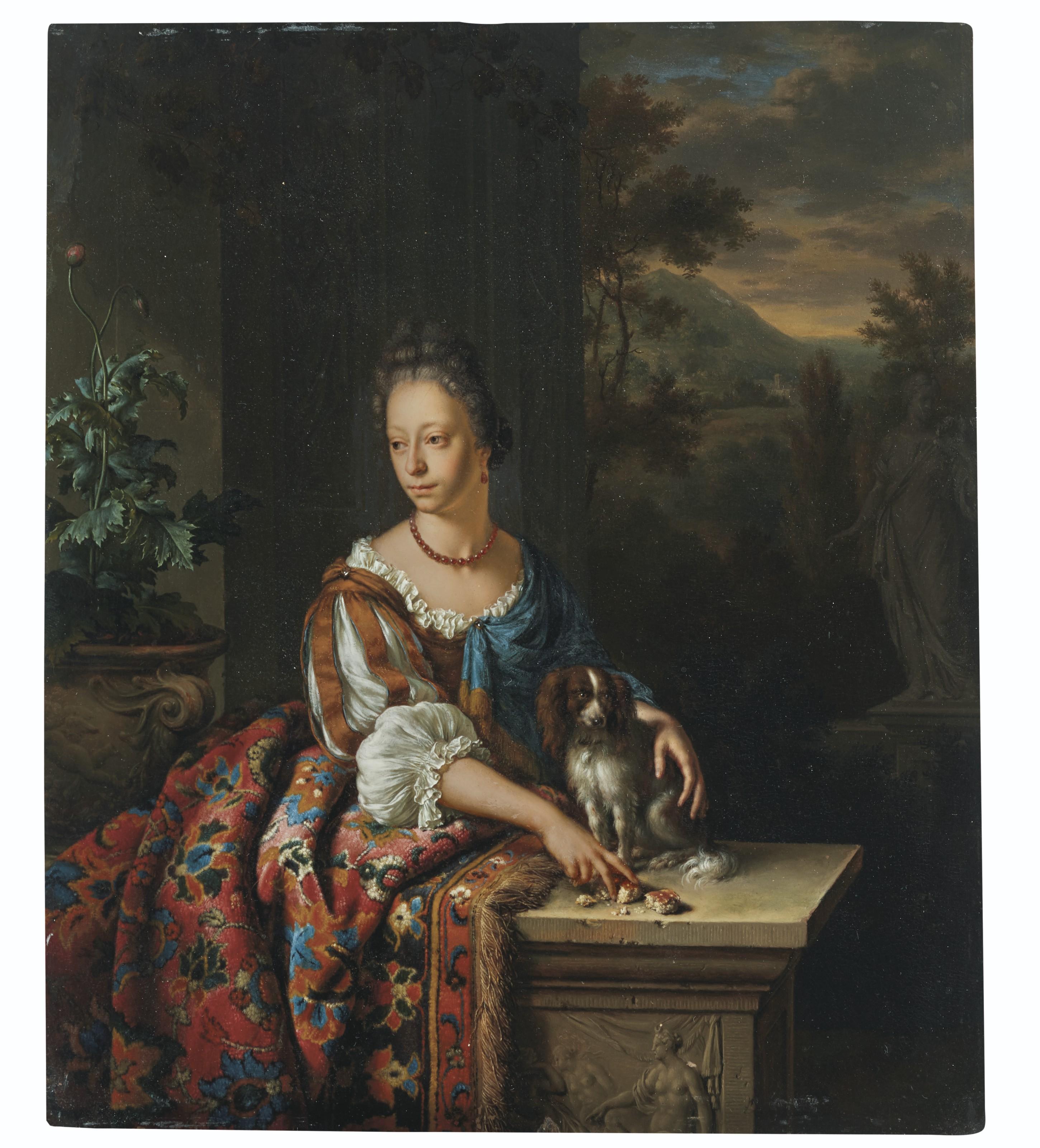 Willem Van Mieris - Portrait of a young lady with a spaniel, possibly Dina Margareta de Bye (1680-1740), a landscape beyond