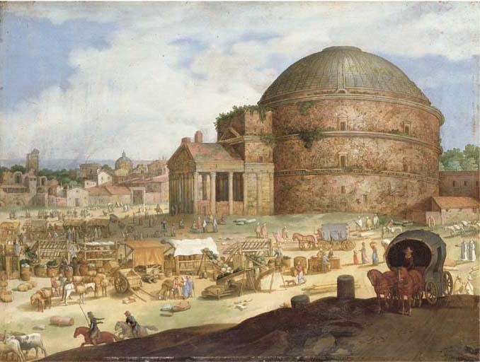 Willem van Nieulandt II - A view of the Pantheon, Rome, with townsfolk at a market