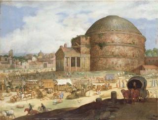 Willem van Nieulandt II - A view of the Pantheon, Rome, with townsfolk at a market