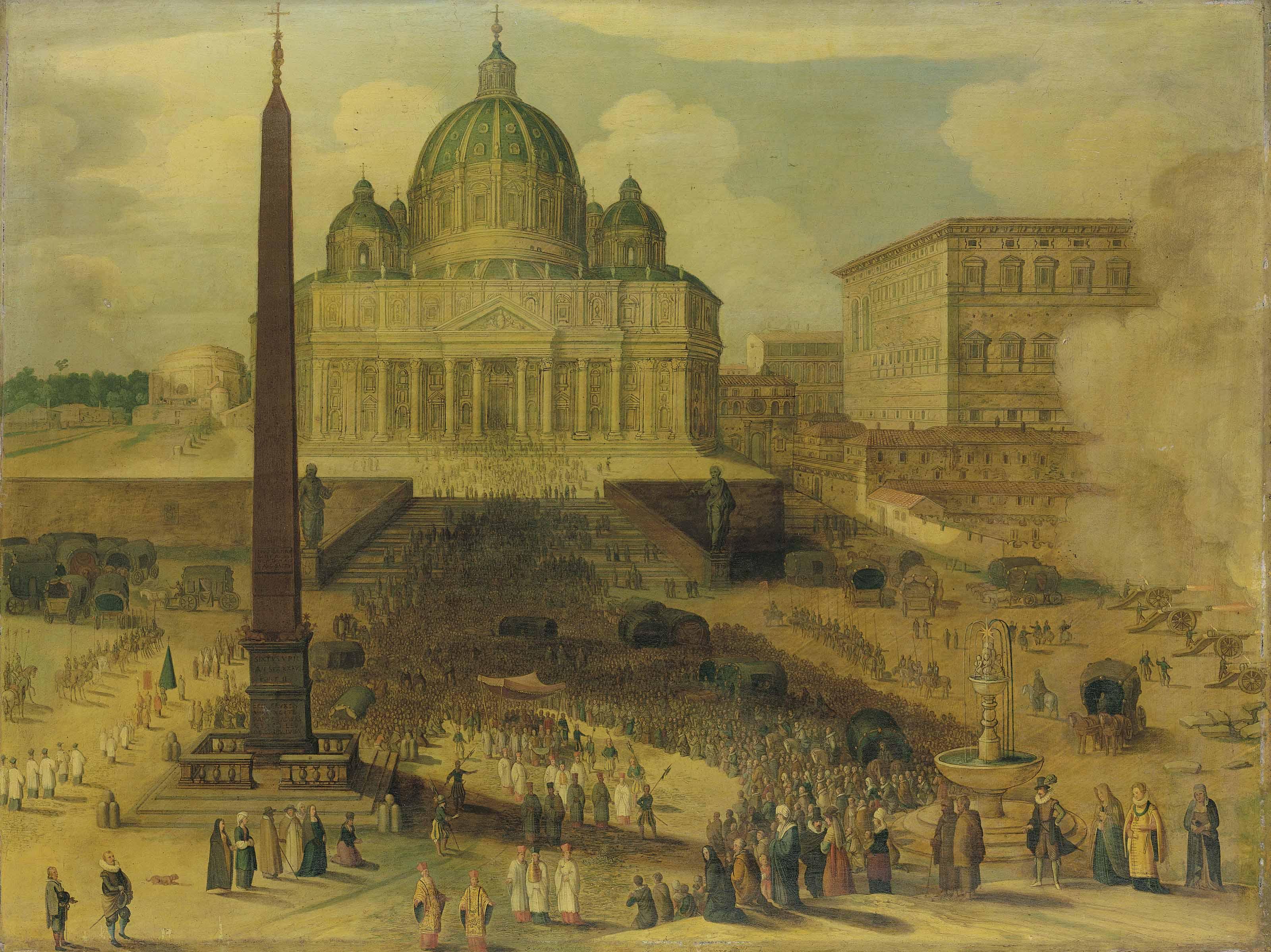 Willem Van Nieulandt Ii - Saint Peter\'S Square, Rome, With A Procession Of Cardinals And Cannons Firing In Salute