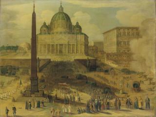 Willem Van Nieulandt Ii - Saint Peter\'S Square, Rome, With A Procession Of Cardinals And Cannons Firing In Salute