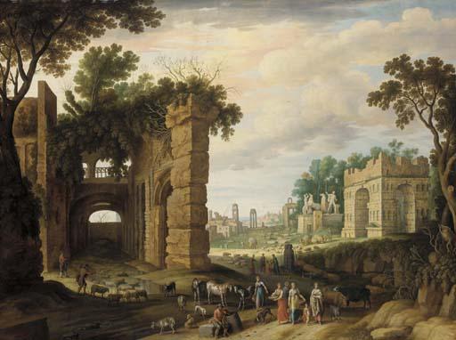 Willem Van Nieulandt II - The Roman Forum with drovers and watercarriers on a path in the foreground