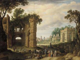 Willem Van Nieulandt II - The Roman Forum with drovers and watercarriers on a path in the foreground
