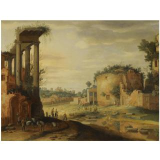 Willem van Nieulandt the Younger - A Capriccio Italianate Landscape With Travellers By Classical Ruins In The Foreground 