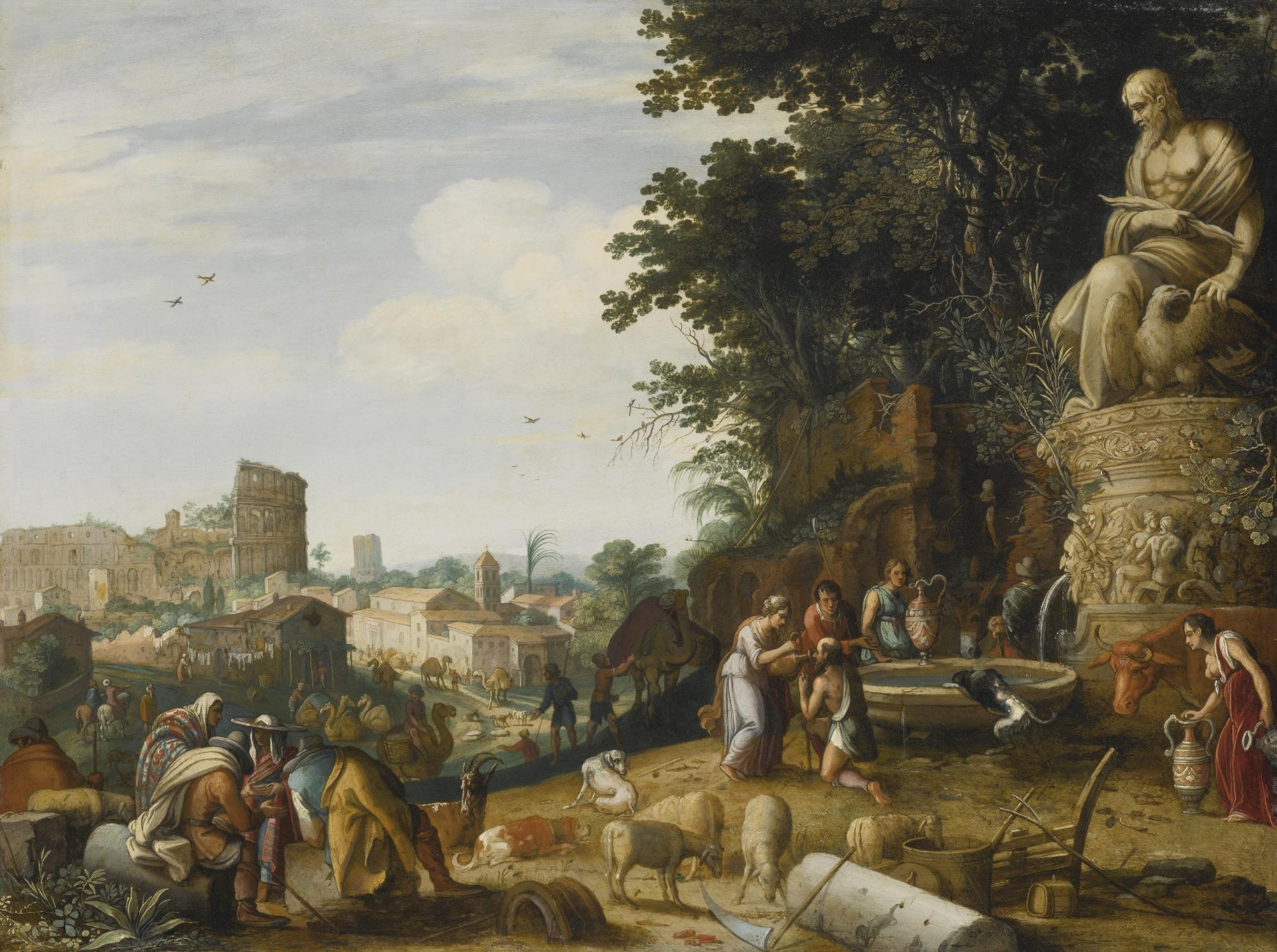 Willem Van Nieulandt The Younger - A Capriccio View Of Rome With The Colosseum And Rebecca And Eliezer By A Statue Of Zeus
