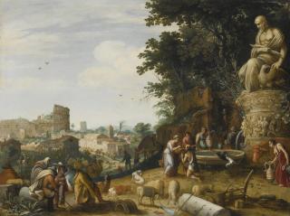 Willem Van Nieulandt The Younger - A Capriccio View Of Rome With The Colosseum And Rebecca And Eliezer By A Statue Of Zeus