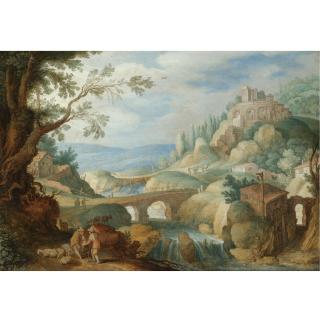 Willem van Nieulandt the Younger - A Mountainous River Landscape With Herdsmen Resting Their Goats In The Foreground