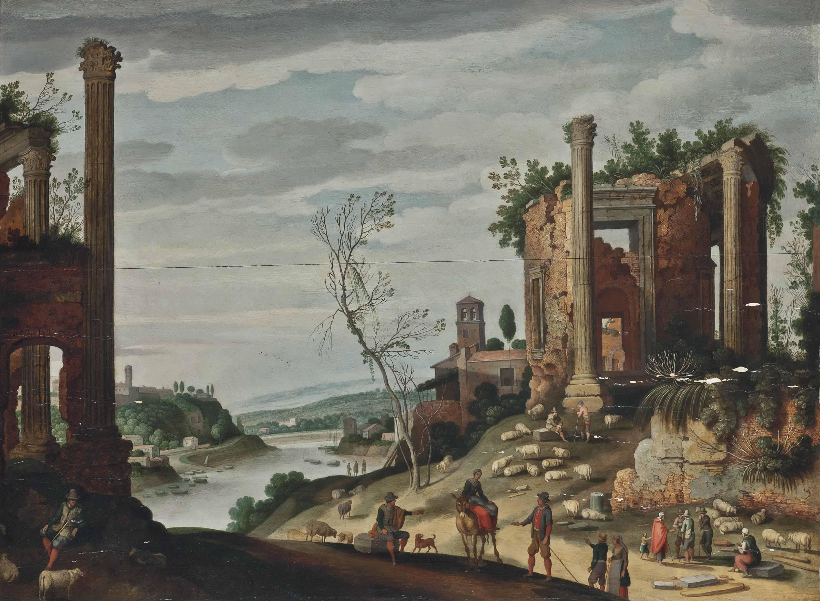 Willem Van Nieulandt - A River Landscape With Classical Ruins, Shepherds And Shepherdesses And Their Flock