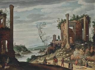 Willem Van Nieulandt - A River Landscape With Classical Ruins, Shepherds And Shepherdesses And Their Flock