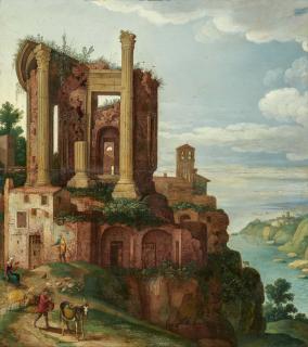 Willem Van Nieulandt - Küstenlandschaft mit antiken Tempelruinen.