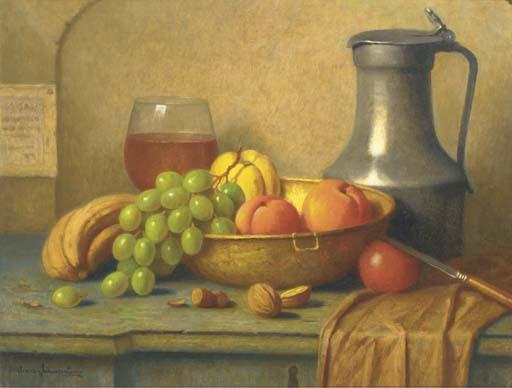 Willem Van Nieuwenhoven - A tavern still life with fruit in a copper bowl