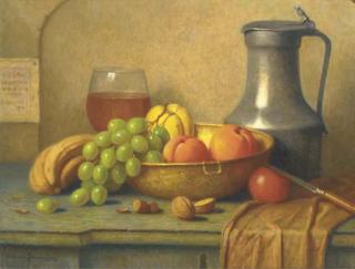 Willem Van Nieuwenhoven - A tavern still life with fruit in a copper bowl