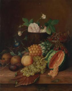 Willem Verbeet - Still life of a pineapple, split melon, grapes and other fruit with an urn of flowers on a stone ledge