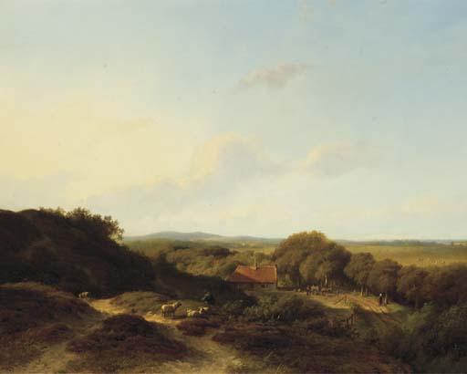 Willem Vester - A panoramic dune landscape with a sportsman in the foreground