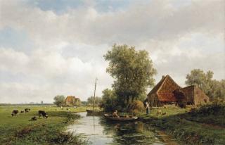 Willem Vester - A Polder Landscape With Cattle In A Meadow, Haarlem In The Distance