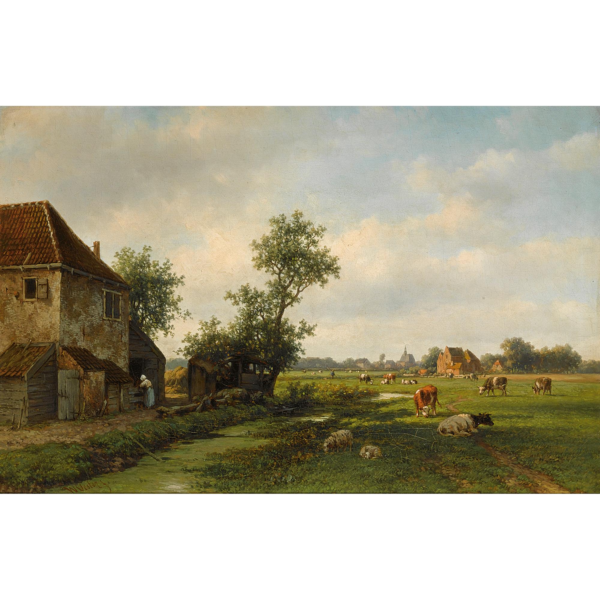 Willem Vester - A Sunny Landscape With Cattle Near A Farm