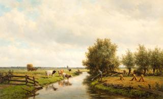 Willem Vester - Cows watering in a polder landscape