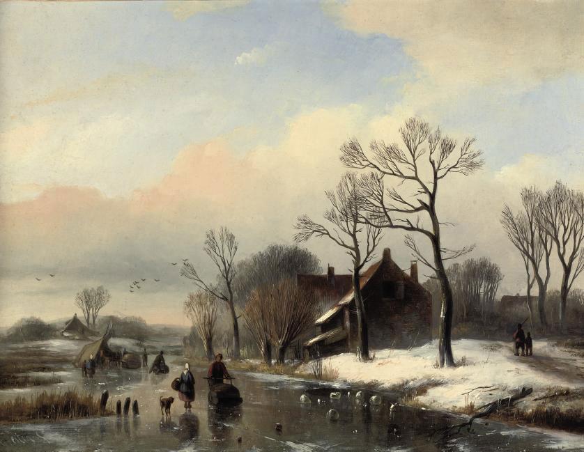 Willem Vester - Figures on a frozen stream near a farm house