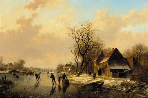 Willem Vester - Skaters on a frozen river near a Dutch town