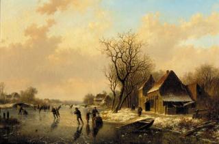 Willem Vester - Skaters on a frozen river near a Dutch town