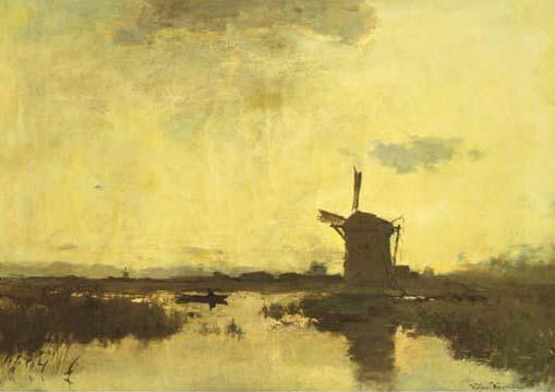 Willem Weissenbruch - A Polder Landscape At Dusk