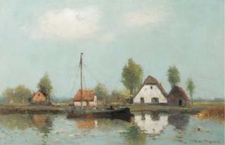 Willem Weissenbruch - Farmhouses by the river on a clear day