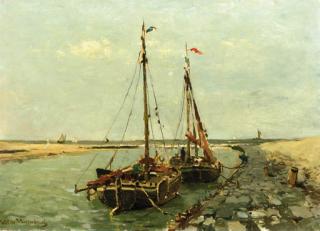 Willem Weissenbruch - Moored shrimp-fishing vessels in the estuary of the \'Oude Rijn\', Katwijk aan Zee