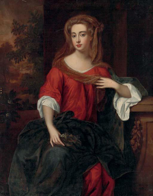 Willem Wissing - Portrait of a lady, three-quarter length, in a red dress and blue robe, a landscape beyond