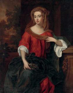 Willem Wissing - Portrait of a lady, three-quarter length, in a red dress and blue robe, a landscape beyond
