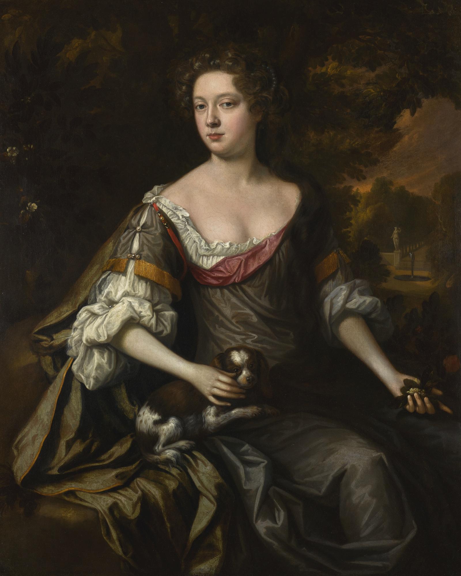 Willem Wissing - Portrait Of A Lady, Traditionally Identified As Mary \'Moll\' Davis, Three-Quarter-Length, Seated In A Park Landscape With A Dog On Her Lap