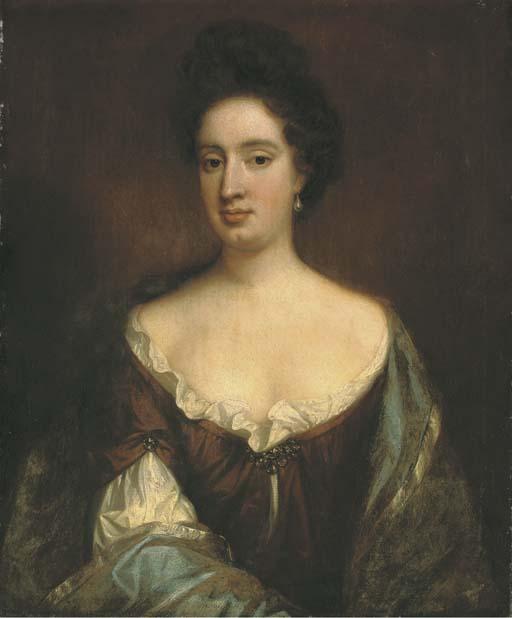Willem Wissing - Portrait of Lady Sarah Benson, Half-Length, In A Maroon Dress With A Blue Shawl And Pearl Drop Earings