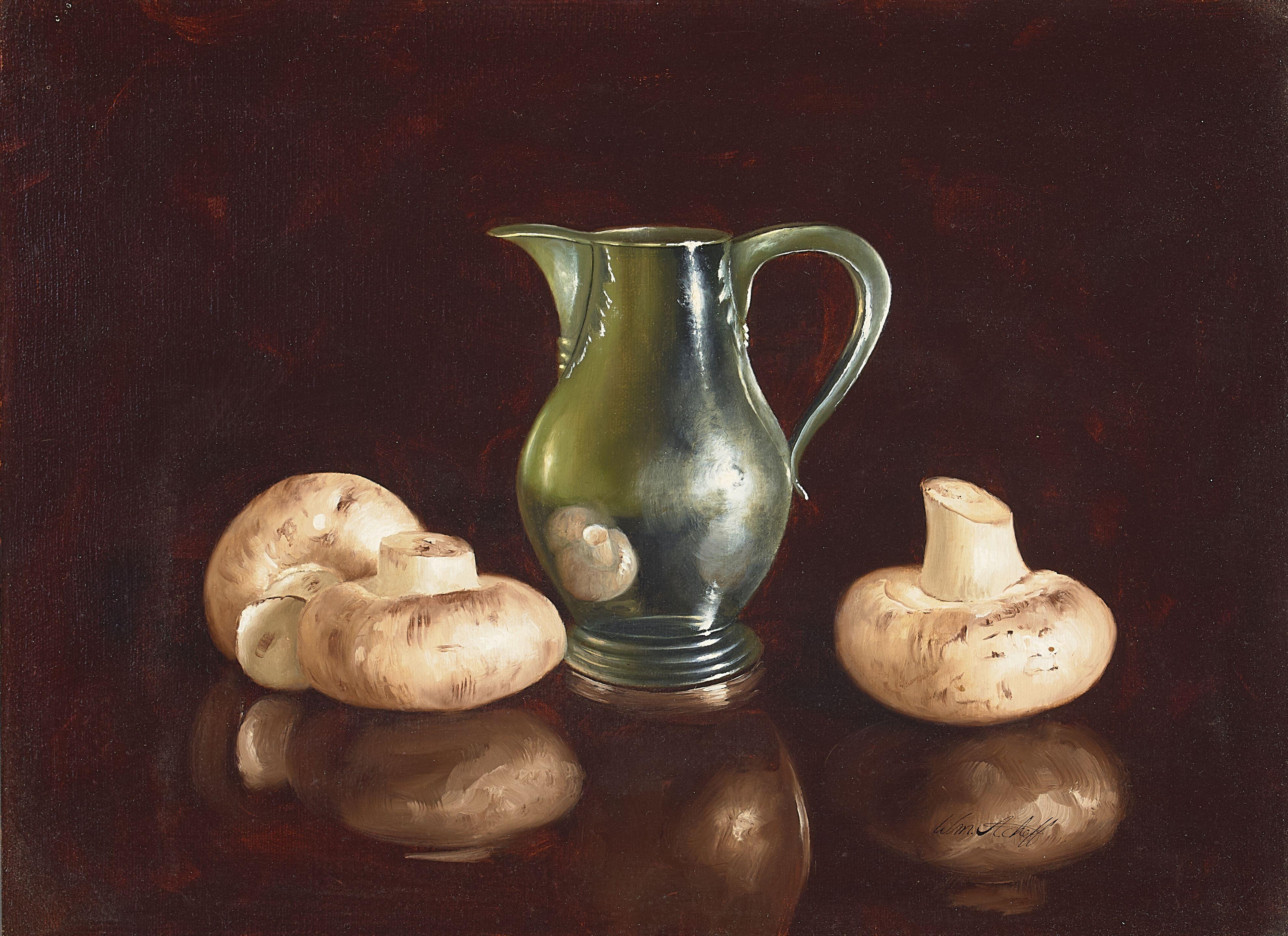 William Acheff - Silver Pitcher with Mushrooms 12 x 16 in. framed 20 x 24 in.