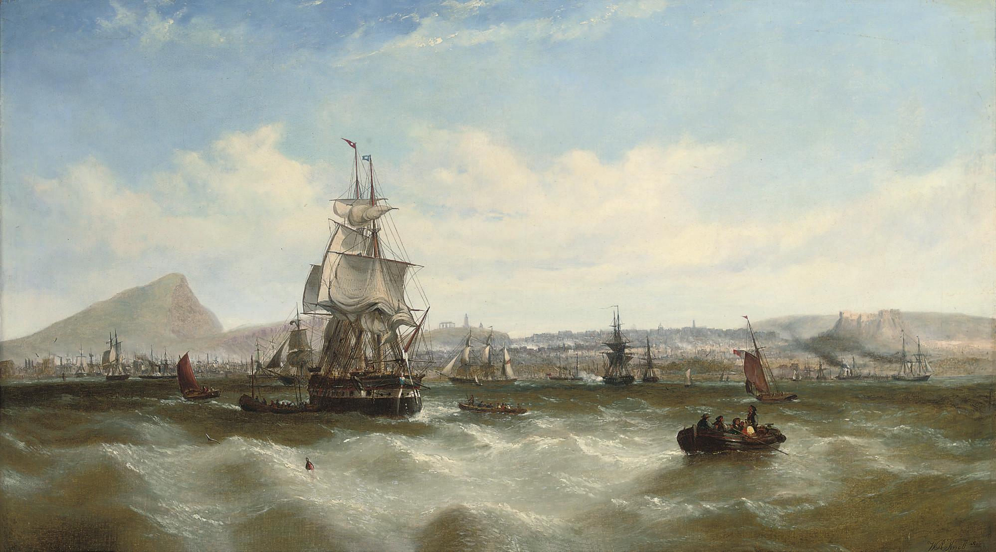 William Adolphus Knell - A merchantman preparing to leave her anchorage amidst other shipping off Leith, with a panorama of Edinburgh beyond