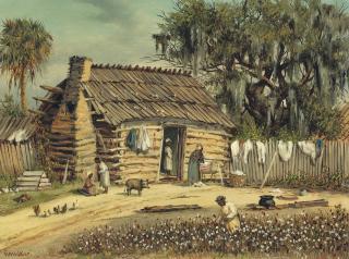 William Aiken Walker - Log and Clay Cabin with Moss-Covered Oak Tree and Palmetto