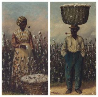 William Aiken Walker - Woman Smoking Pipe and Picking Cotton and Man with Blue Pants and Basket on his Head: A Pair of Works