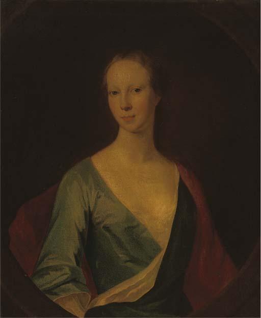 William Aikman - Portrait of A Lady, Traditionally Identified As Lady Tinwald, Half-Length, In A Blue Dress And Red Wrap, Feigned Oval