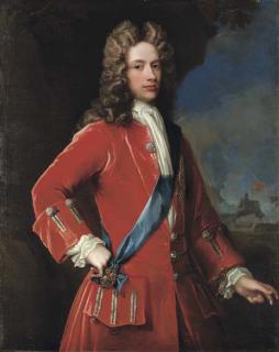 William Aikman - Portrait of John, 2nd Duke of Argyll and 1st Duke of Greenwich (1680-1743), three-quarter-length, in a red coat with silver braid, wearing the sash and star of the Garter, a coastal fortress beyond