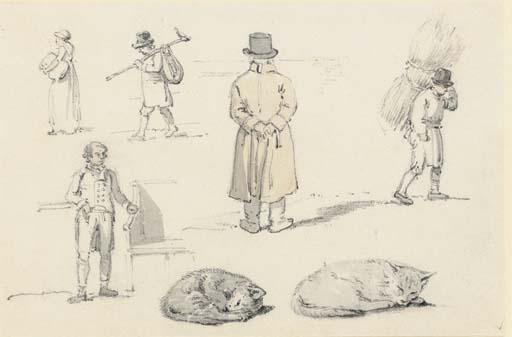 William Alexander - A Sheet of Figure And Animals Studies, Including A Man Looking Over A Wall And Cats Sleeping