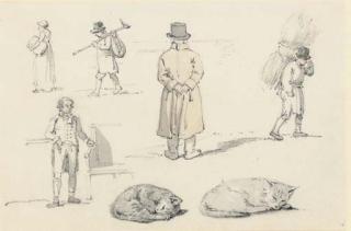 William Alexander - A Sheet of Figure And Animals Studies, Including A Man Looking Over A Wall And Cats Sleeping