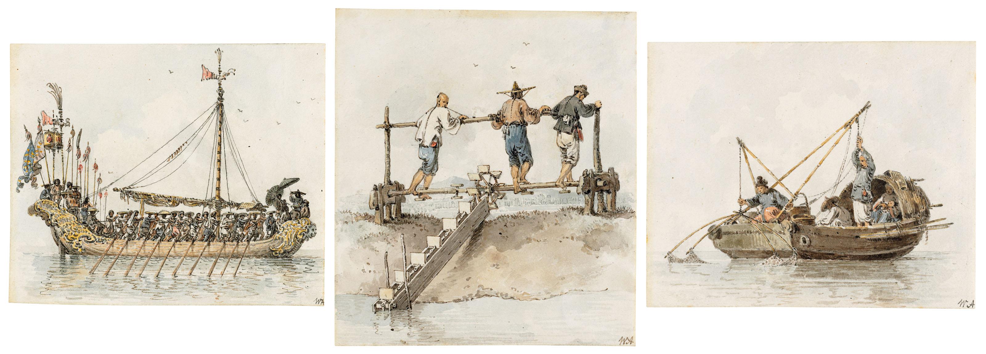 William Alexander - Three Chinese studies: a Rowing barge; Three men working a drain sluice; and Fishing from a junk