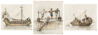 William Alexander - Three Chinese studies: a Rowing barge; Three men working a drain sluice; and Fishing from a junk